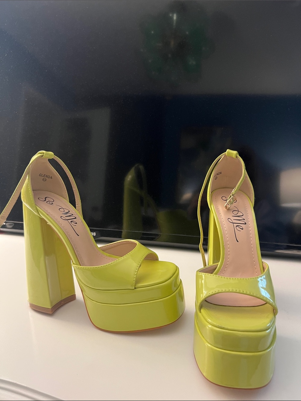 So Me Neon Lime Patent Platform Block Heels